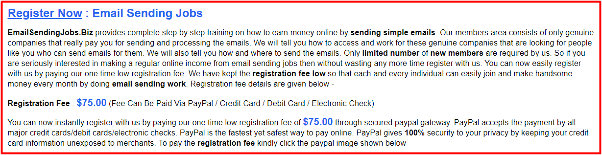 email sending jobs registration fee