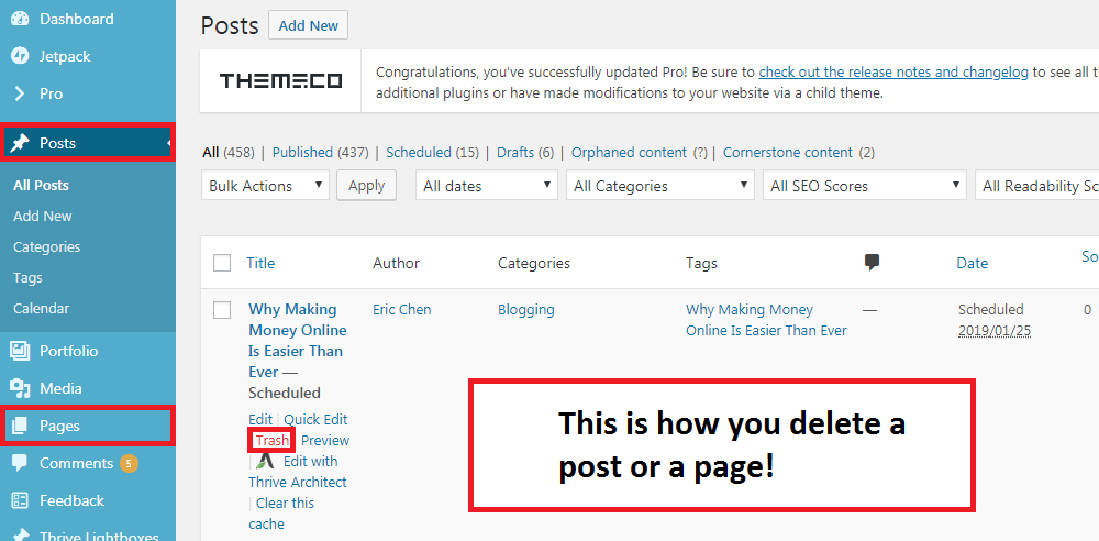 WordPress delete page and post