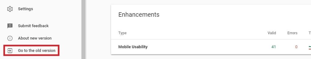 go to the old version on google search console