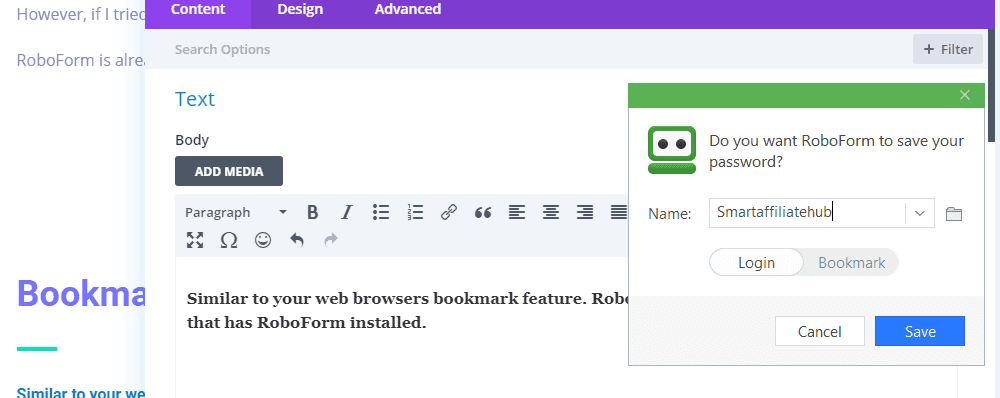 RoboForm Bookmark Storage